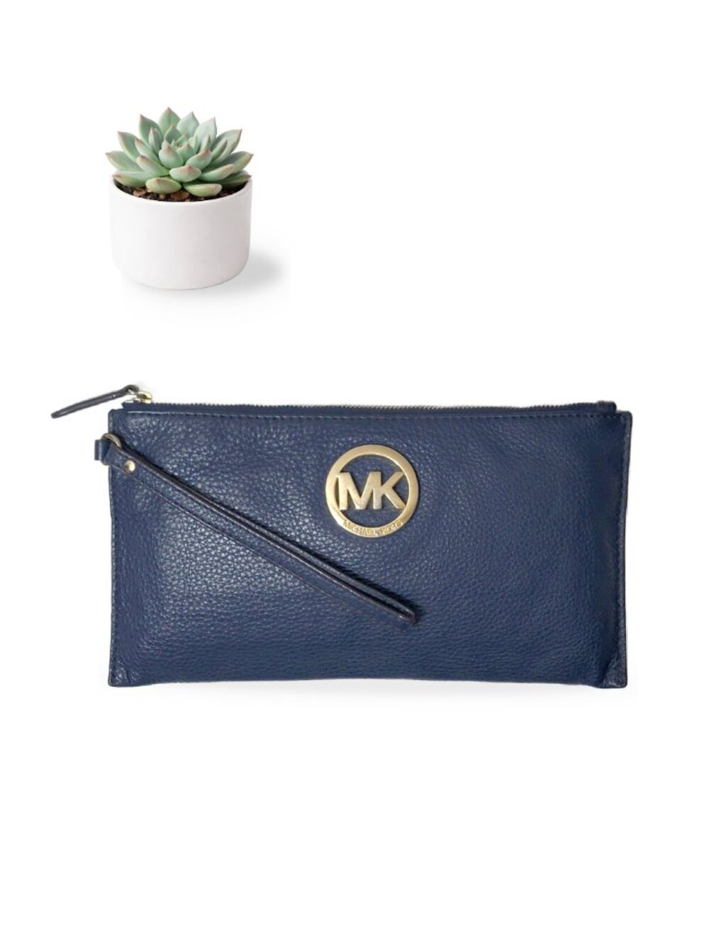 Michael Kors Fulton Navy Blue Pebbled Leather Wristlet Clutch Zip Pouch Gold MK